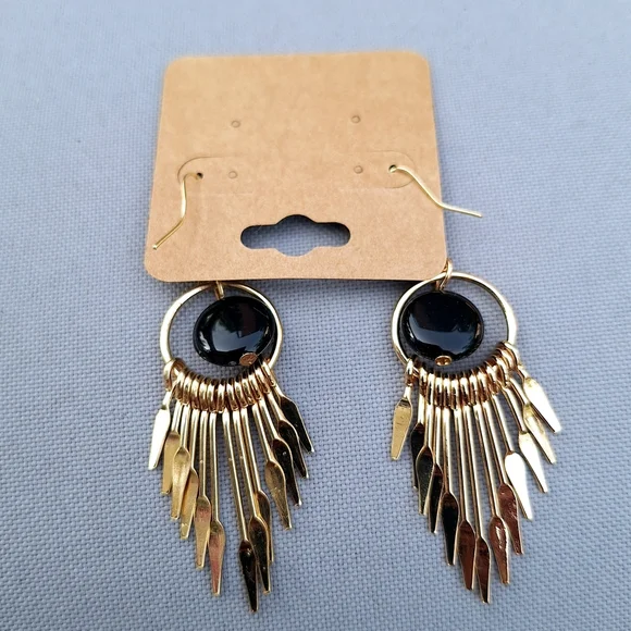 GOLDTONE AND BLACK BEADED TASSEL EARRINGS - Picture 3 of 3
